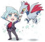  1boy :d aihysa bangs bird blue_eyes blue_hair chibi collared_shirt commentary_request jacket long_sleeves looking_up male_focus necktie open_mouth pants pokemon pokemon_(creature) pokemon_(game) pokemon_oras red_necktie shirt shoes short_hair signature skarmory smile standing star_(symbol) steven_stone teeth tongue upper_teeth vest white_shirt 
