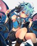  1boy blue_hair blush demon demon_boy demon_horns demon_tail highres horns leeannpippisum male_focus nail_polish original pale_skin red_eyes tail thighs tongue tongue_out 