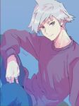 1boy aihysa alternate_costume bangs blue_pants closed_mouth commentary_request from_side grey_background grey_eyes grey_hair jewelry long_sleeves male_focus pants pokemon pokemon_(game) pokemon_rse purple_sweater ring short_hair signature simple_background smile solo steven_stone sweater 