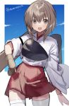  1girl akagi_(kancolle) akagi_(kancolle)_(cosplay) blue_sky brown_eyes brown_gloves brown_hair clouds commentary_request cosplay cowboy_shot gloves highres kantai_collection looking_at_viewer muneate one-hour_drawing_challenge partially_fingerless_gloves picoli1313 short_hair single_glove sky smile solo taihou_(kancolle) thigh-highs twitter_username white_legwear yugake 