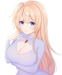  1girl absurdres arm_under_breasts blonde_hair blue_eyes blush breasts collarbone english_commentary hand_on_own_shoulder highres hime_hajime jewelry large_breasts looking_at_viewer necklace smile solo sylliah_(artist) upper_body v-shaped_eyebrows virtual_youtuber vshojo white_background 