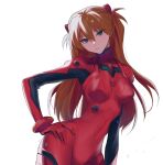  1girl absurdres bangs blue_eyes bodysuit breasts brown_hair closed_mouth contrapposto crimsonknigh_t eyebrows_visible_through_hair floating_hair hair_between_eyes hand_on_hip headgear highres long_hair looking_at_viewer medium_breasts neon_genesis_evangelion plugsuit red_bodysuit shiny shiny_hair simple_background solo souryuu_asuka_langley very_long_hair white_background 