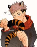  1boy animal_ears artist_name blush brown_eyes buttons facial_mark hanta96 heart hood hood_down hoodie itadori_yuuji jujutsu_kaisen long_sleeves looking_at_viewer male_focus paw_pose pink_hair red_hoodie school_uniform short_hair solo tail tiger_boy tiger_ears tiger_tail undercut white_background 