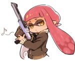  1girl controller game_controller holding inkling jacket light_gun long_hair looking_at_viewer mask mota pointy_ears pursed_lips redhead simple_background solo splatoon_(series) tentacle_hair white_background yellow_eyes 