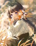  1girl 2nii :d animal_ears bangs black_hair black_ribbon black_skirt blunt_bangs blurry bouquet braid collared_shirt dappled_sunlight day depth_of_field field flower from_side hand_on_own_cheek hand_on_own_face hands hands_up holding holding_bouquet holding_flower hololive hololive_english long_hair long_sleeves looking_at_viewer looking_to_the_side loose_clothes mole mole_under_eye multicolored_hair nature ninomae_ina&#039;nis open_mouth orange_hair outdoors pantyhose puffy_sleeves ribbon shirt sidelocks sitting skirt smile streaked_hair sunlight teeth twin_braids twintails very_long_hair violet_eyes virtual_youtuber wheat_field white_shirt 