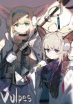  2girls ahoge animal_ears arknights asymmetrical_gloves bangs black_gloves blonde_hair blue_hairband blue_shirt brown_scarf cape checkered_clothes checkered_scarf closed_mouth collar cowboy_shot crescent crescent_pin earmuffs eyebrows_behind_hair eyebrows_visible_through_hair fox_ears fox_girl fox_tail gloves green_eyes hairband highres holding holding_staff infection_monitor_(arknights) jacket looking_at_viewer miniskirt mismatched_gloves multicolored_hair multiple_girls multiple_tails open_clothes open_jacket purple_scarf purple_skirt scarf shirt short_hair sidelocks siguma_(13238772100) skirt smile staff star_(sky) sussurro_(arknights) suzuran_(arknights) tail two-tone_hair upper_body violet_eyes white_cape white_gloves white_hair white_jacket 