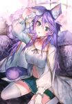  absurdres anemone_(flower_knight_girl) animal_ear_fluff animal_ears blouse blue_eyes blue_skirt center_frills curtains flower_knight_girl frills head_tilt highres hiiragi_mikoto kemonomimi_mode long_hair pillow pleated_skirt purple_hair purple_tail sitting skirt tail thigh-highs wariza white_blouse white_legwear window 