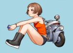  1girl absurdres bare_shoulders belt blue_background boots bracelet breasts brown_hair can closed_mouth full_body ground_vehicle highres holding holding_can jewelry knees_up motor_vehicle murata_range outstretched_arms short_bangs short_hair short_shorts shorts simple_background sitting sleeveless smile solo tank_top 