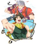  2boys ^_^ caesar_anthonio_zeppeli closed_eyes facial_mark fingerless_gloves gloves grey_hair jacket jojo_no_kimyou_na_bouken joseph_joestar joseph_joestar_(young) male_focus michiru_(amphibian) multiple_boys muscular muscular_male red_jacket ribbon salute scarf striped striped_scarf triangle_print two-finger_salute 