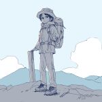  1girl absurdres backpack bag blue_sky closed_mouth clouds commentary flower hat highres hiking jacket limited_palette long_sleeves looking_at_viewer mountain muji_(uimss) original pants shoes short_hair sky solo standing v 