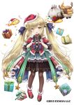  1girl :d black_gloves blonde_hair blue_bow bow brown_legwear choker christmas dress flower_knight_girl full_body gift gloves green_bow hair_bobbles hair_bow hair_ornament hat head_tilt holding holding_gift kei_kei koonitabirako_(flower_knight_girl) layered_dress long_hair looking_at_viewer official_art open_mouth pantyhose pom_pom_(clothes) red_footwear red_headwear reindeer sack santa_hat shoes simple_background sleigh smile solo standing twintails waist_bow white_background yellow_eyes 