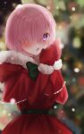  1girl blurry blurry_background blush bow bowtie cape capelet christmas christmas_tree dress fate/grand_order fate_(series) fur-trimmed_cape fur-trimmed_gloves fur-trimmed_sleeves fur_trim gloves green_bow green_bowtie hair_over_one_eye harukappa highres hood hood_down hooded_capelet long_sleeves mash_kyrielight mittens pink_hair red_cape red_dress red_gloves short_hair snowing solo standing violet_eyes winter 