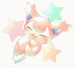  blush closed_eyes commentary_request full_body grey_background kotone11152 mouth_hold no_humans pokemon pokemon_(creature) skitty solo star_(symbol) twitter_username 