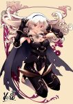  1girl alternate_costume armor artist_name ascot bangs black_armor black_cape black_gloves black_legwear black_leotard breastplate breasts brooch cape commentary_request corrin_(fire_emblem) corrin_(fire_emblem)_(female) fire_emblem fire_emblem_fates gauntlets gloves hair_between_eyes hairband jewelry kero_sweet kneeling large_breasts leotard long_hair looking_at_viewer no_shoes official_alternate_costume open_mouth pointy_ears red_eyes shoulder_armor smile solo toeless_legwear toes torn_cape torn_clothes very_long_hair wavy_hair white_ascot white_hair 
