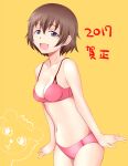  1girl 2017 :d bangs blue_eyes bra breasts brown_hair commentary_request cowboy_shot freckles girls_und_panzer leopon_(animal) looking_at_viewer medium_breasts navel new_year open_mouth panties pink_bra pink_panties short_hair simple_background smile solo standing tanaka_rikimaru translated tsuchiya_(girls_und_panzer) underwear underwear_only yellow_background 