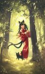  1girl :d absurdres animal animal_ears barefoot bell black_hair cat cat_ears cat_girl cat_tail fang forest highres japanese_clothes jingle_bell kimono long_hair looking_at_viewer multiple_tails nature nekomata open_mouth original outdoors red_kimono smile standing tail toumin_(onemunemu99) two_tails yellow_eyes youkai 