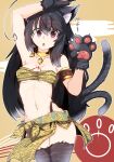  1girl :o ahoge animal_ear_fluff animal_ears animal_hands animal_print arm_up armpits bangs black_hair black_panties breasts cat_ears cat_girl cat_tail chinese_zodiac eyebrows_visible_through_hair gloves hair_between_eyes hand_up high-waist_panties highres jewelry long_hair looking_at_viewer medium_breasts multiple_tails navel necklace ocha_no_mae original panties paw_gloves red_eyes simple_background solo tail tail_raised thigh-highs tiger_print tiger_stripes underwear year_of_the_tiger 