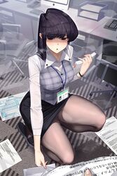  1girl absurdres bangs black_eyes black_legwear black_skirt blurry blurry_background breasts collared_shirt dress_shirt eyebrows_visible_through_hair half-closed_eyes hand_up highres holding id_card kikimifukuri kneeling komi-san_wa_komyushou_desu komi_shouko lanyard large_breasts looking_at_viewer office_lady older pantyhose paper parted_lips pencil_skirt plaid plaid_vest shaded_face shirt skirt solo_focus sweat swept_bangs thick_thighs thighs vest white_shirt 