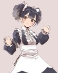  1girl apron artist_name black_dress black_hair brown_eyes closed_mouth commentary dated_commentary dress frilled_apron frills grey_background hand_up holding holding_tray long_sleeves looking_at_viewer maid maid_apron original simple_background skeptycally smile solo tray twin_drills twintails upper_body waving white_apron 