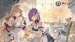  3girls apron azur_lane bare_shoulders black_dress black_gloves blonde_hair blue_dress blue_eyes crown cup curly_hair detached_collar detached_sleeves dress eyebrows_visible_through_hair gloves hair_over_one_eye headdress heart high_heels highres holding holding_cup holding_notebook howe_(azur_lane) howe_(pastry_princess)_(azur_lane) indoors juliet_sleeves loading_screen long_hair long_sleeves maid maid_apron maid_headdress manjuu_(azur_lane) medium_hair multiple_girls notebook official_alternate_costume official_art okku penelope_(azur_lane) penelope_(salty_maid)_(azur_lane) puffy_sleeves purple_hair queen_elizabeth_(azur_lane) queen_elizabeth_(yes_your_maidness!)_(azur_lane) sitting standing strapless strapless_dress tea tea_set teapot thigh-highs tiered_tray tray very_long_hair white_apron white_legwear 