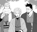  3boys beard best_jeanist boku_no_hero_academia burn_scar earrings endeavor_(boku_no_hero_academia) facial_hair greyscale hawks_(boku_no_hero_academia) height_difference japanese_clothes jewelry leaf looking_at_another male_focus monochrome multiple_boys mustache new_year scar scar_across_eye scar_on_cheek scar_on_face scar_on_mouth scar_on_neck scarf scarf_over_mouth short_hair sideburns size_difference straight-on stubble stud_earrings traditional_clothes tree very_short_hair wegdrw 