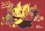  2022 :d brown_eyes commentary_request fangs framed full_body happy_new_year ice22poke new_year no_humans open_mouth pokemon pokemon_(creature) red_background shinx smile solo toes tongue twitter_username 