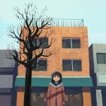  1girl bare_tree black_hair blue_sky brown_coat building coat commentary_request day fur-trimmed_coat fur_trim highres long_hair long_sleeves muji_(uimss) original outdoors sky solo tree upper_body winter_clothes 