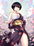  1girl bare_arms black_hair blue_sky breasts brown_eyes building clenched_hand closed_mouth clouds cloudy_sky commentary cowboy_shot frown hair_between_eyes highres izumo_fuuko japanese_clothes kimono large_breasts looking_away outdoors petals rusky sarashi short_hair sky skyscraper tumblr_username undead_unluck 