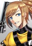  1boy absurdres amamiya_saki blonde_hair blue_eyes grin gun highres looking_to_the_side male_focus ponytail shirt short_sleeves silverchariotx sin_and_punishment smile solo upper_body weapon yellow_shirt 