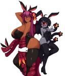  2girls :d animal_ears black_hair black_legwear black_leotard blush breasts claws colored_sclera colored_skin cyclops dark-skinned_female dark_skin detached_collar dragon_girl fake_animal_ears gazer_(monster_girl_encyclopedia) grey_skin huge_breasts jabberwock_(monster_girl_encyclopedia) leotard long_hair monster_girl monster_girl_encyclopedia multiple_girls one-eyed petite playboy_bunny plump rabbit_ears red_eyes rtil second-party_source simple_background small_breasts smile tentacles thigh-highs white_background wrist_cuffs yellow_sclera 