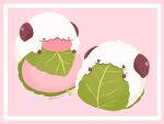  7mb_yut :p animal animal_focus artist_name closed_eyes eating food_in_mouth horns league_of_legends lettuce mixed-language_commentary no_humans pink_background poro_(league_of_legends) tongue tongue_out two-tone_background 