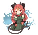  1girl :3 animal_ears artist_name black_bow blue_fire bow braid cat_ears cat_tail claw_pose dress fire floral_print flower frills ghost green_dress heart hitodama kaenbyou_rin long_hair multiple_tails necktie puffy_sleeves red_bow red_eyes redhead signature simple_background solo striped striped_dress tail touhou twin_braids two_tails white_background yaco_(nuitnotte) 