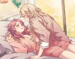  2girls aiiro_bokujuu arm_support bang_dream! blonde_hair blush brown_shirt closed_mouth dated eye_contact hand_in_another&#039;s_hair happy_birthday hood hoodie indoors long_hair looking_at_another maruyama_aya multiple_girls on_bed pajamas parted_lips pillow pink_hair pink_hoodie red_eyes shirasagi_chisato shirt signature smile symbol-only_commentary yuri 