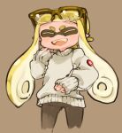  1girl closed_eyes glasses green_hair inkling long_hair mask mota open_mouth pants simple_background smile solo splatoon_(series) sweater sweatpants teeth tongue 