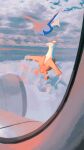  above_clouds aircraft airplane clouds commentary_request day flying glass highres latias latios looking_back no_humans pokemon pokemon_(creature) sky torinoko_(miiko_draw) window yellow_eyes 