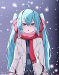  1girl ahoge bangs blue_eyes blue_hair bow chestnut_mouth coat grey_background grey_skirt hair_between_eyes hair_bow hatsune_miku highres long_hair long_sleeves looking_at_viewer open_clothes open_coat pleated_skirt red_bow red_scarf scarf shiny shiny_hair shirt skirt snowflakes snowing solo standing striped striped_shirt twintails very_long_hair vocaloid weiss_rubiaceae white_coat winter 