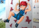  +_+ 1boy climbing climbing_wall closed_mouth commentary_request harness kaminosaki looking_at_viewer male_focus morning muscular muscular_male original outdoors redhead shoes shorts 