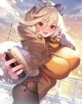  1girl :d absurdres animal_ears arrow_(tamawo222) ass black_legwear blonde_hair blush braid breasts can highres large_breasts long_hair looking_at_viewer original pantyhose purple_nails red_eyes smile snow solo teeth tiger_ears yellow_nails 