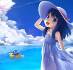  1girl :d arm_up bangs bare_arms blue_eyes blue_hair blush clouds commentary_request day dress hat highres hikari_(pokemon) innertube kabisuke long_hair looking_at_viewer open_mouth outdoors piplup pokemon pokemon_(anime) pokemon_(creature) pokemon_dppt_(anime) psyduck sky sleeveless sleeveless_dress smile sun_hat sundress teeth themed_object tongue upper_teeth water 