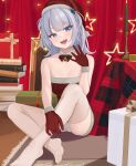  absurdres bell blue_eyes book bow candle christmas christmas_ornaments fangs feet gawr_gura gift gloves hat highres hololive hololive_english neck_bell pale_skin quatthro sitting smile thigh-highs virtual_youtuber 
