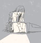  1boy 1girl closed_mouth commentary_request greyscale long_hair looking_at_viewer lying monochrome muji_(uimss) object_hug on_side original pants pillow pillow_hug playing_with_another&#039;s_hair shirt short_hair short_sleeves 