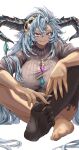 1girl absurdres ahiko_(re_ruikia3) barefoot blue_hair breasts dark_skin fangs fediel_(granblue_fantasy) feet granblue_fantasy hair_ornament highres horns large_breasts long_hair nail red_eyes ribbed_sweater single_thighhigh sitting skull_hair_ornament solo sweater thigh-highs 