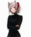  1girl absurdres alternate_costume antennae arknights bangs black_shirt commentary eyebrows_visible_through_hair gupipy highres horns long_sleeves looking_at_viewer parted_lips red_eyes shirt short_hair silver_hair simple_background smile solo upper_body w_(arknights) white_background 