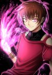  1boy absurdres black_background bracelet brown_hair chris_(kof) closed_mouth clothing_request fire glowing glowing_eyes highres jewelry looking_at_viewer male_focus mixed-language_commentary necklace orochi_chris pink_fire red_shirt shirt short_hair short_sleeves silverchariotx simple_background smirk solo the_king_of_fighters the_king_of_fighters_xv 
