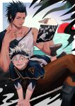  2boys age_difference asta_(black_clover) black_bull_(emblem) black_clover black_hair book boots capelet cigarette doufujintianxianle facial_hair floating floating_object goatee green_eyes grey_hair grin implied_yaoi long_sideburns looking_at_viewer lying_on_person male_focus mature_male multiple_boys muscular muscular_male mustache red_eyes short_hair sideburns single_bare_shoulder size_difference smile stubble tank_top uniform white_tank_top yami_sukehiro 
