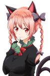  1girl animal_ears black_bow black_dress blush bow braid cat_ears cat_tail dress finger_to_mouth gesture green_dress highres kaenbyou_rin multiple_tails necktie one-hour_drawing_challenge red_bow red_eyes red_necktie redhead reimei_(r758120518) slit_pupils solo tail touhou twin_braids two_tails white_background 