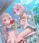  2girls antenna_hair bikini blue_eyes braid cup drinking_straw dutch_angle flat_chest flower frilled_bikini frills grey_eyes hair_between_eyes hair_flower hair_ornament holding holding_cup kokkoro_(princess_connect!) long_hair looking_at_viewer masami_(souzou_jinsei_sanka) multiple_girls navel one-piece_swimsuit pointy_ears princess_connect! short_hair sitting sky swimsuit twin_braids twintails violet_eyes white_hair 