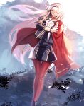  1girl black_jacket black_skirt cape dutch_angle edelgard_von_hresvelg fire_emblem fire_emblem:_three_houses floating_hair garreg_mach_monastery_uniform hair_intakes hair_over_one_eye half-closed_eyes highres jacket kashia long_hair long_sleeves miniskirt pantyhose red_cape red_legwear silver_hair skirt solo standing thigh_gap very_long_hair 