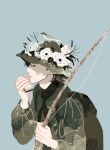  1boy animal_on_head aqua_background bird bird_on_head black_hair canaco014 character_request check_character fishing_rod flower green_headwear hat hat_flower leaf long_sleeves medium_hair moomin on_head profile shadow simple_background snufkin solo white_flower 