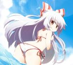  1girl akaneya ass bangs bikini blue_sky bow clouds eyebrows_visible_through_hair from_behind fujiwara_no_mokou grey_hair hair_bow light_particles long_hair looking_at_viewer looking_back open_mouth outdoors partially_submerged red_eyes sky solo swimsuit touhou white_bikini white_bow 